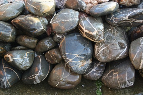 Kamenclub.ru: Валунчик Паутинник фр.100-300 мм  купить в Брянске крупный природный камень галечник темно-серый с прожилками белый черный речной валунчик 5000 руб/т   фото КАМЕНЬ КЛУБ