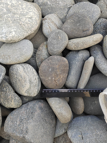 Kamenclub.ru: Галька речная плоская (ассорти) фр. 70-150 мм. купить  в Брянске галька галечник серый белый темно-серый синий светло-серый плоская природная галька  9000 руб/т   фото КАМЕНЬ КЛУБ